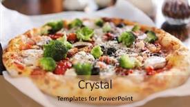  Presentation with vegan - PPT theme having sun mushroom - pizza with vegan friendly cheese background and a coral colored foreground