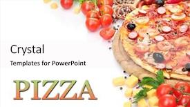  Presentation with pizza - Amazing slide deck having pizza with vegetables and salami backdrop and a sky blue colored foreground
