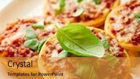  Presentation with italian cuisine - PPT layouts having pizzete home baked mini pizzas with fresh basil served on a plate italian cuisine symbolic image concept for a tasty and hearty meal selective focus close up background and a gold colored foreground