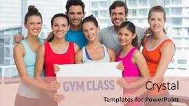  Presentation with holding people in hands - Audience pleasing presentation theme consisting of placard with text gym class backdrop and a  colored foreground