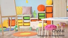  Presentation with marker - Presentation theme having place marker - beautiful interior of children room background and a coral colored foreground