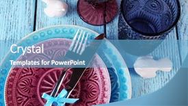  Presentation with empty of wood table top - PPT layouts enhanced with place settings - empty colorful plate glasses background and a light blue colored foreground