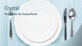  Presentation with empty - Colorful slide deck enhanced with place settings - empty plate and silverware backdrop and a sky blue colored foreground