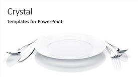  Presentation with white plate - Slide set consisting of place settings - silverware or flatware set background and a white colored foreground