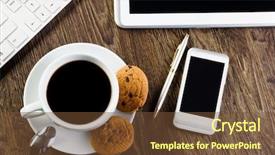  Presentation with cup coffee - Slide set with bell tower of wooden church against the blue sky background and a teal colored foreground