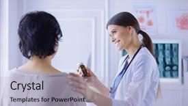  Presentation with treatment - Beautiful presentation featuring placebo - beautiful female doctor explaining medical backdrop and a light blue colored foreground