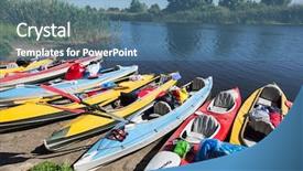 Presentation with bank - Colorful presentation theme enhanced with placid - canoes on a river-bank backdrop and a teal colored foreground