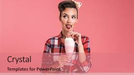 Presentation with girl - Slide deck featuring plaid shirt holding milkshake background and a coral colored foreground
