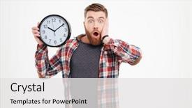  Presentation with clock - Colorful slide deck enhanced with one minute - surprised shocked young man backdrop and a white colored foreground