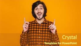  Presentation with role play woman and man - PPT layouts enhanced with plaid shirt pointing fingers upward background and a tawny brown colored foreground