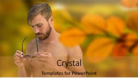  Presentation with leaves - Audience pleasing slide deck consisting of plain beige background - nude man in forest backdrop and a gold colored foreground