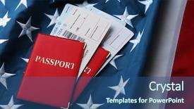  Presentation with 3d figure american flag - Audience pleasing slide set consisting of plain borders - passports tickets lying on american backdrop and a ocean colored foreground