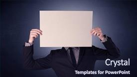  Presentation with notepad blank lined paper - Amazing slides having plain business card - young businessman hiding behind backdrop and a  colored foreground