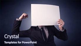  Presentation with blank - Cool new slide deck with plain business card - young businessman hiding behind backdrop and a  colored foreground