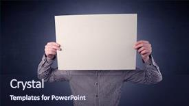  Presentation with blank - Colorful slide deck enhanced with plain business card - young businessman hiding behind backdrop and a wine colored foreground