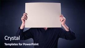  Presentation with blank - Beautiful theme featuring plain business card - young businessman hiding behind backdrop and a  colored foreground