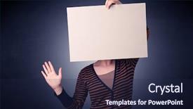  Presentation with blank - Slide deck featuring plain business card - young casual woman hiding behind background and a  colored foreground