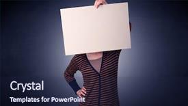  Presentation with notepad blank lined paper - Amazing slide deck having plain business card - young casual woman hiding behind backdrop and a  colored foreground