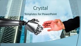  Presentation with metallic - Slide set featuring plain metallic silver - hand presenting against city background and a sky blue colored foreground