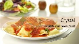  Presentation with pasta sauce - Beautiful PPT layouts featuring plain white - ravioli pasta with red tomato backdrop and a yellow colored foreground