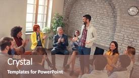  Presentation with coworkers - Audience pleasing theme consisting of outeach plan - businessman smiling in group meeting backdrop and a violet colored foreground