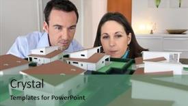  Presentation with housing - Amazing PPT theme having plan buy - couple looking at a model backdrop and a ocean colored foreground