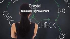  Presentation with blackboard - Cool new presentation design with plan check act - thoughtful businesswoman against blackboard backdrop and a dark gray colored foreground