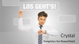  Presentation with slogan - Audience pleasing presentation design consisting of plan check action - business man pressing german slogan backdrop and a light gray colored foreground