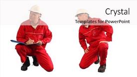  Presentation with action plan - Slide deck consisting of plan check action - inspector in red uniform background and a  colored foreground