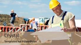  Presentation with engineering desk of civil engineer - Cool new PPT theme with plan draft at construction site backdrop and a coral colored foreground