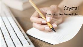  Presentation with notebook page - PPT theme enhanced with plan page - handwriting female hand writes background and a coral colored foreground