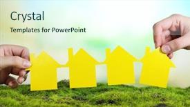  Presentation with holding people in hands - Presentation design having plan real - hands hold houses on grass background and a cool aqua colored foreground