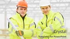  Presentation with foreman - Slides featuring plan real - male engineers construction foreman managers background and a yellow colored foreground