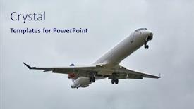  Presentation with landing plane at an airport - Beautiful PPT theme featuring plane-approaching-landing-in-cloudy backdrop and a sky blue colored foreground