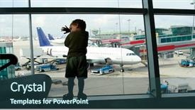  Presentation with tired - PPT theme enhanced with plane children - tired boy on airport window background and a tawny brown colored foreground