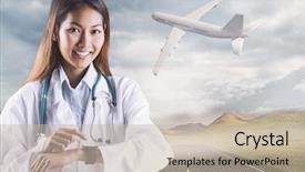  Presentation with doctor asian - Presentation design consisting of plane dark blue - asian doctor using her smart background and a mint green colored foreground