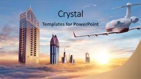  Presentation with private jet - Audience pleasing presentation theme consisting of plane flying above dubai city backdrop and a light blue colored foreground