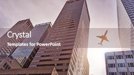  Presentation with new york city - Beautiful slide deck featuring plane flying over futuristic glass backdrop and a violet colored foreground