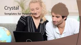  Presentation with ticket - PPT theme with plane ticket - couple doing internet near background and a coral colored foreground