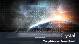  Presentation with laptop - Beautiful PPT theme featuring binary planet - opened laptop device backdrop and a dark gray colored foreground