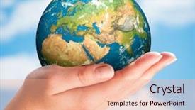  Presentation with hand holding earth - Audience pleasing PPT theme consisting of planet earth - human hand holding a globe backdrop and a coral colored foreground