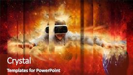  Presentation with virtual reality - Theme featuring planetarium - young man wearing virtual reality background and a crimson colored foreground