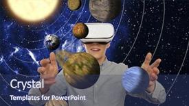  Presentation with planetarium - Slide deck enhanced with planetarium - young man wearing virtual reality background and a ocean colored foreground