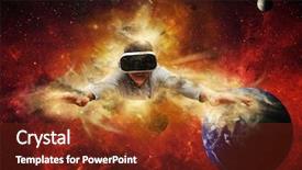  Presentation with virtual - Colorful PPT theme enhanced with planetarium - young man wearing virtual reality backdrop and a tawny brown colored foreground