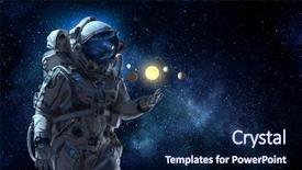  Presentation with mission - PPT theme with planets - spaceman and his mission mixed background and a navy blue colored foreground