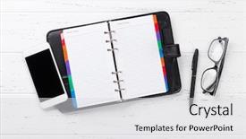  Presentation with workplace - Amazing slide deck having planificateur de tache - office workplace table with supplies backdrop and a light gray colored foreground