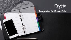  Presentation with flower office desk table - PPT theme featuring planificateur de tache - office workplace table with supplies background and a dark gray colored foreground