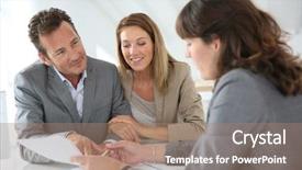  Presentation with loan and saving - Amazing PPT theme having planner - couple meeting financial adviser backdrop and a coral colored foreground