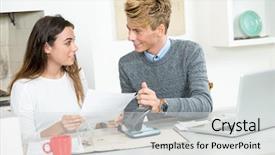  Presentation with young happy couple - Colorful presentation theme enhanced with planning budget - happy young couple with documents backdrop and a light gray colored foreground