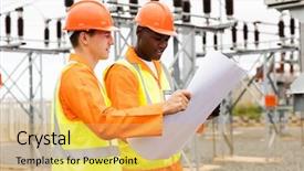  Presentation with substation - Audience pleasing slide set consisting of planning facilities - electric engineers discussing blueprint backdrop and a yellow colored foreground